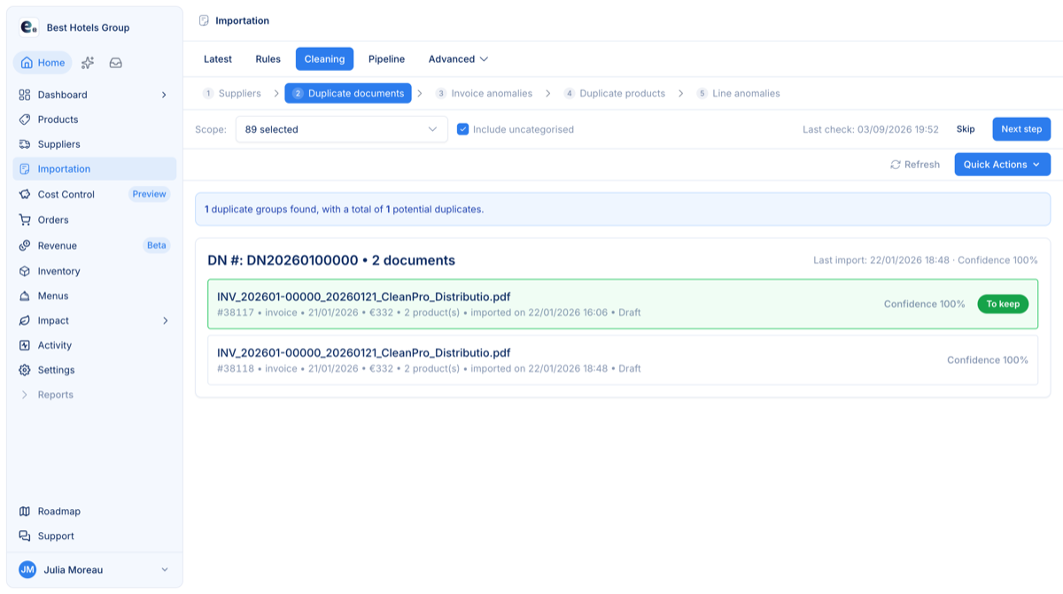 The Cleaning tab on the Importation page: the five numbered steps, a category scope, the “Last check” date and a duplicate-document group with its last import date