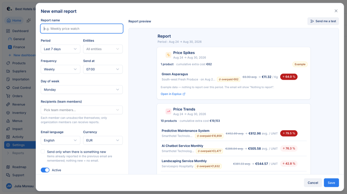 The email-report editor: schedule settings on the left, a live preview of the actual email on the right