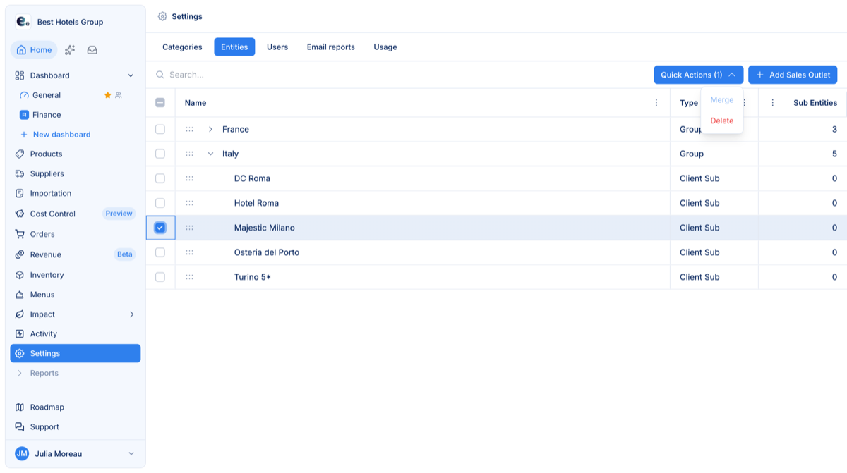 The Entities tab with an outlet selected and its quick actions — merge or delete with an impact report