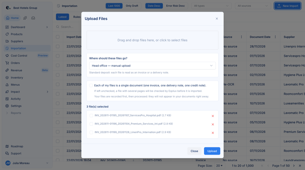 The “Upload Files” window with three files ready to send: the destination picker and the “Each of my files is a single document” checkbox