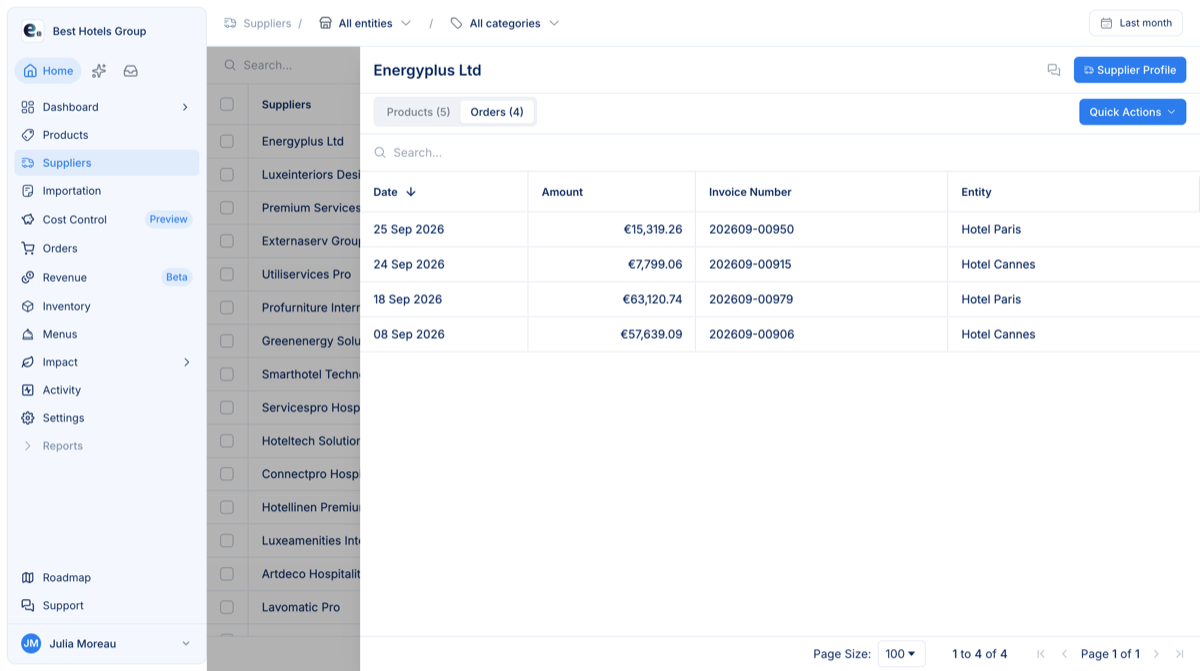 The supplier drawer’s Orders tab with a month selected: orders listed newest first