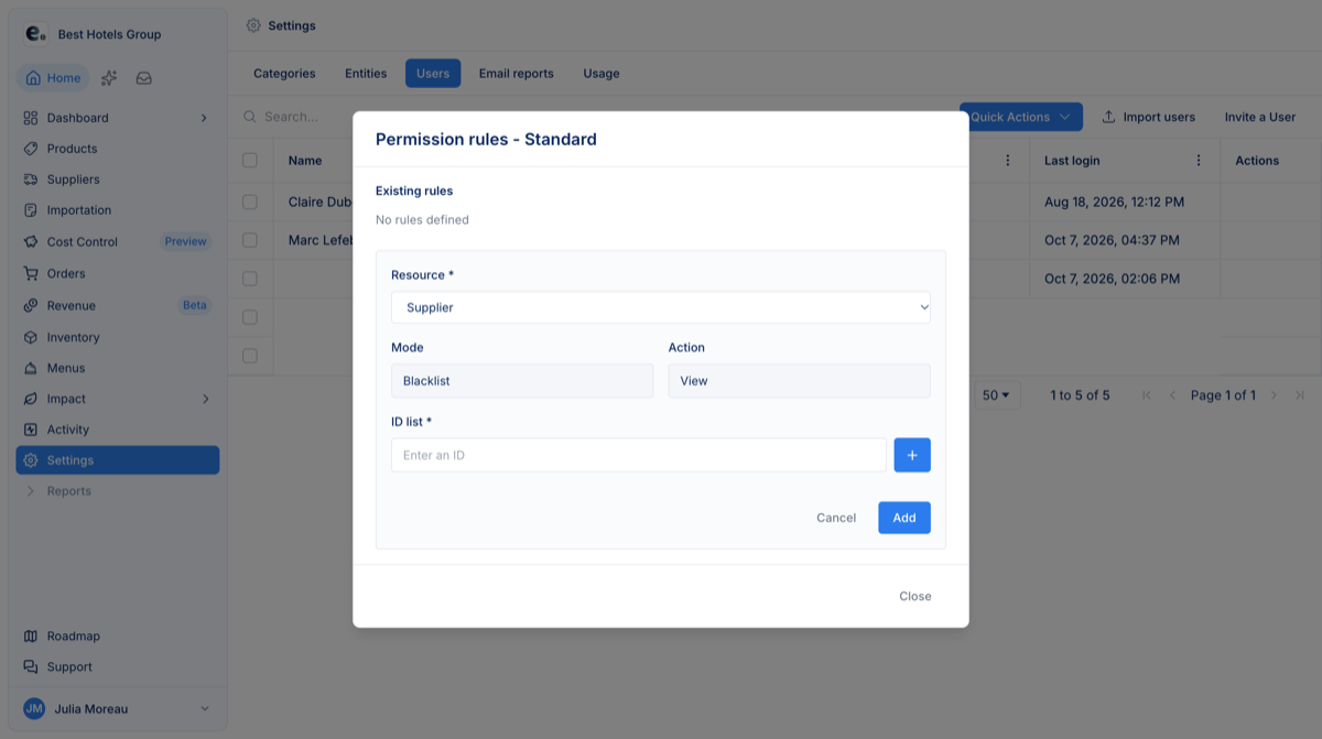 The Users tab of the settings with a group’s permission rules window open on the “Add a rule” form