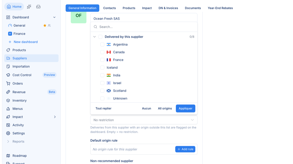 The supplier sheet with the allowed-origins picker open, grouped by origins actually delivered